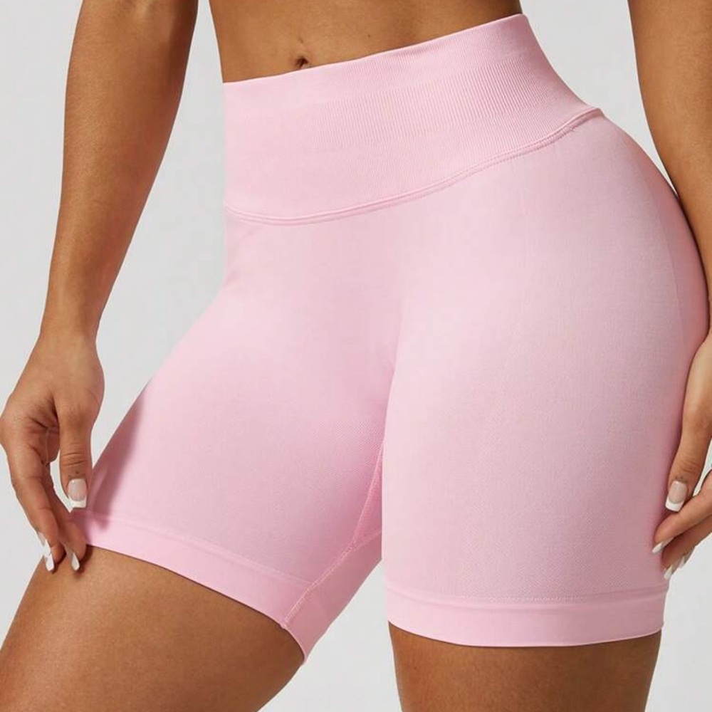 Women's Pink Workout Shorts, Pink Seamless Workout Shorts, Pink Biker Shorts - Picture 3 of 6